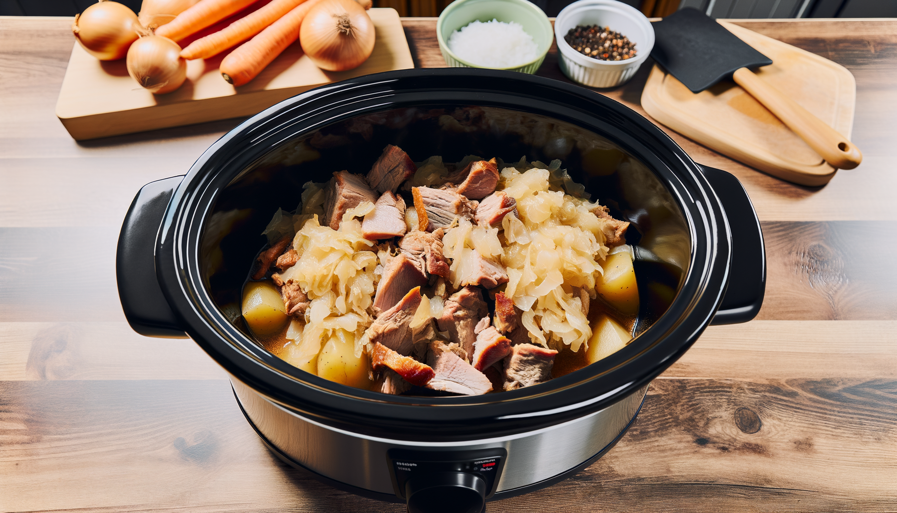A slow cooker on a wooden counter with tender lancaster county pork and tangy sauerkraut, surrounded by home cooking essentials.