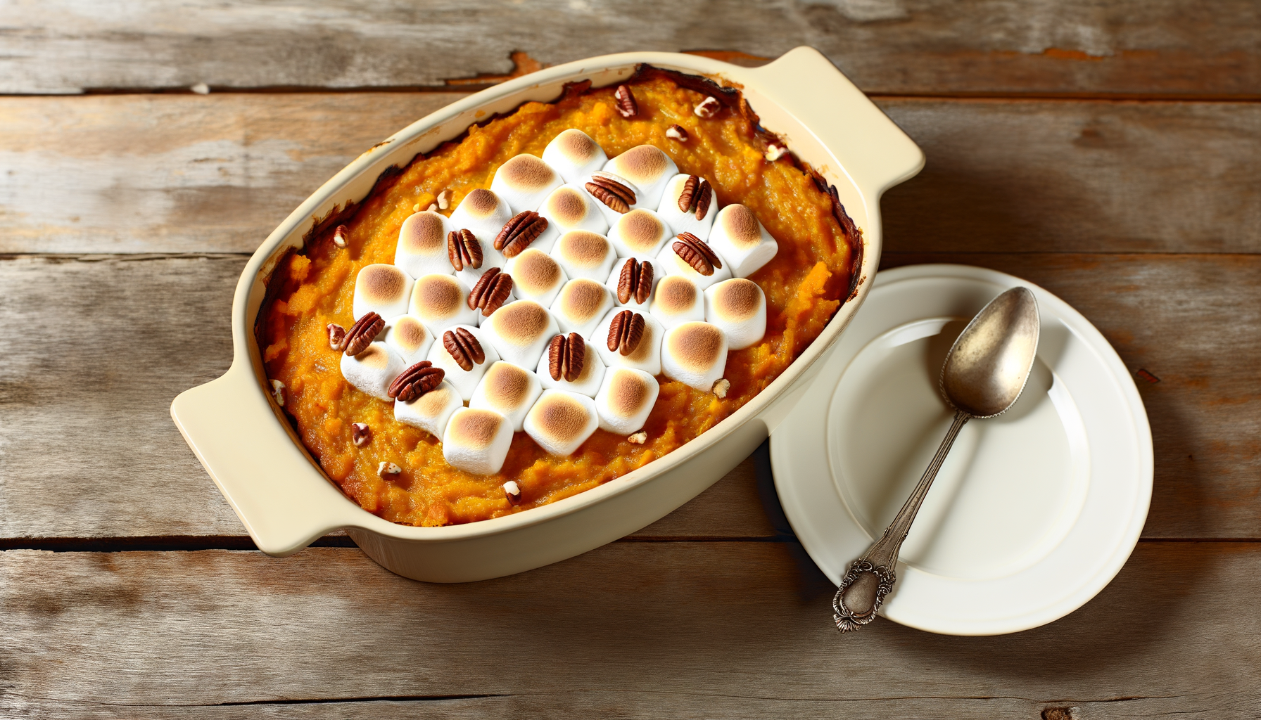 Sweet potato casserole dessert with toasted marshmallows and pecans on a rustic table, ready to delight the senses.