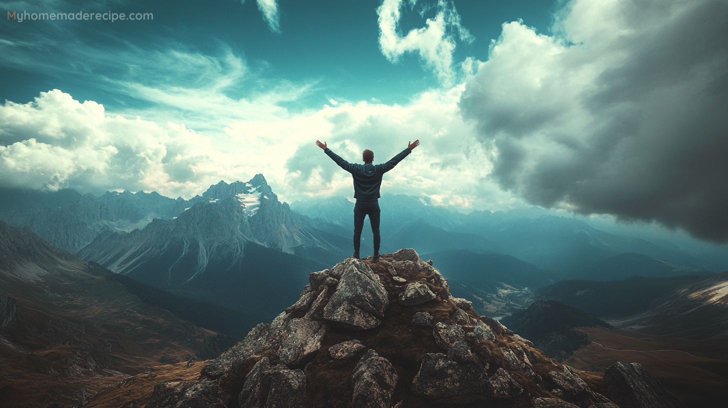 Person standing on a mountain peak at sunrise