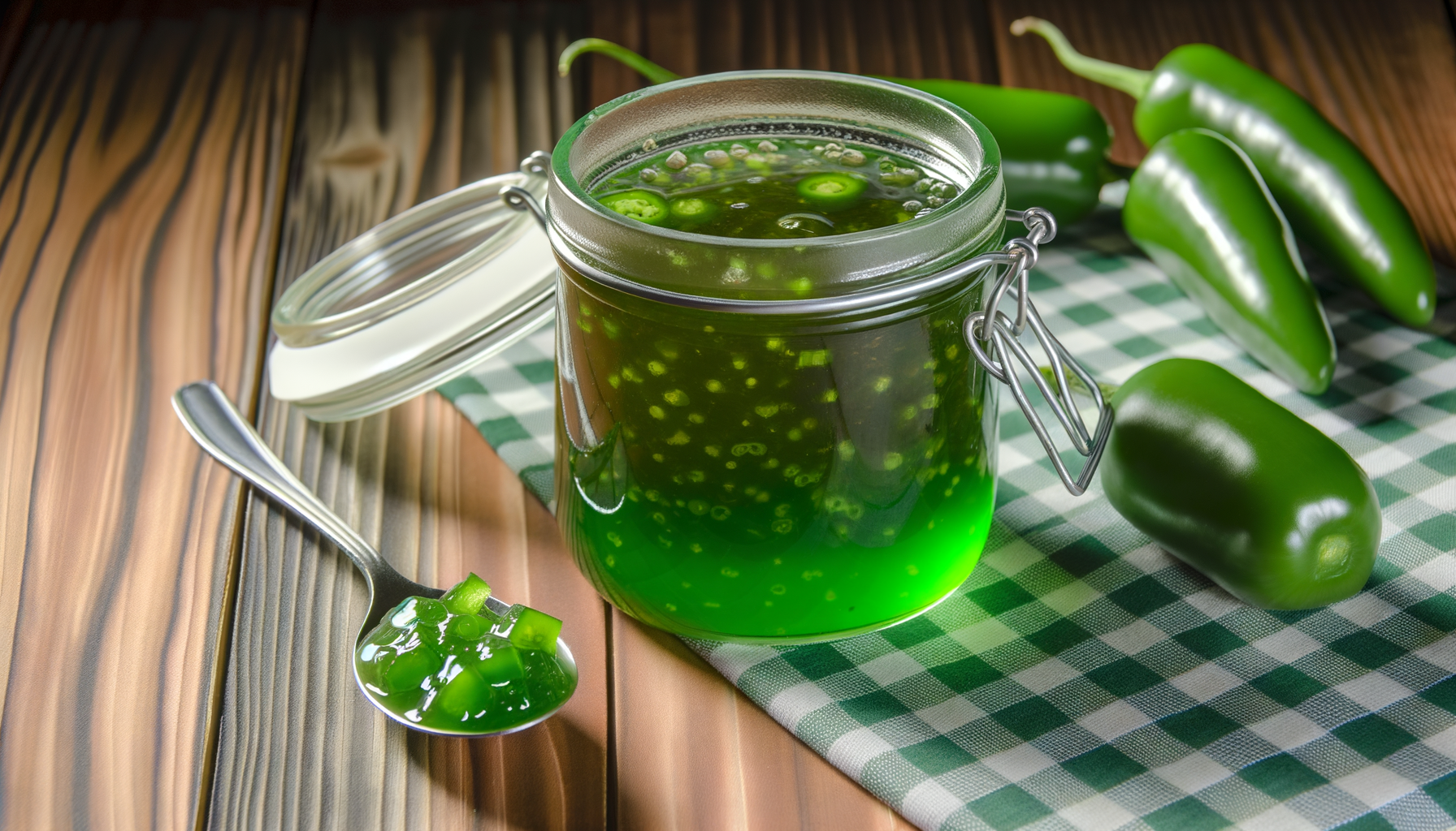 Vibrant Texas Jalapeno Jelly in a glass jar, showcasing a gleaming green hue, indicative of its spicy, flavorsome kick.