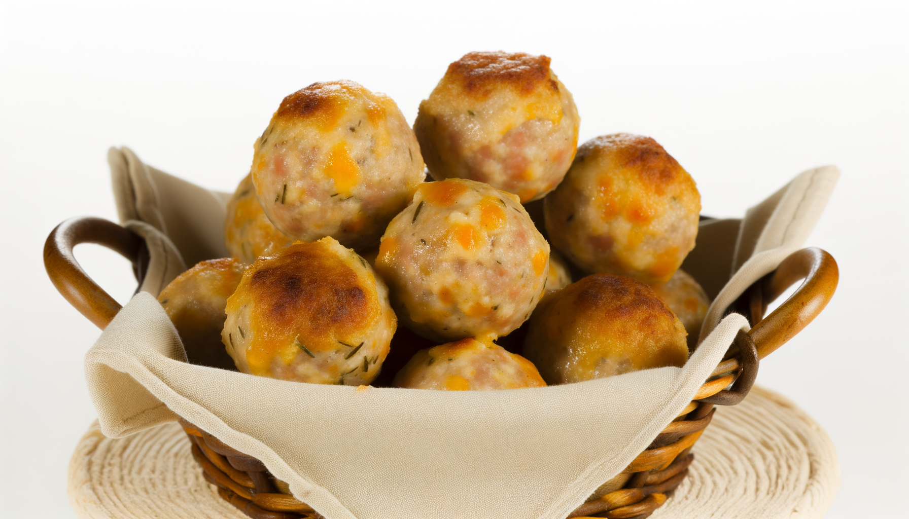 Golden sausage balls in a rustic basket with a sheen of grease