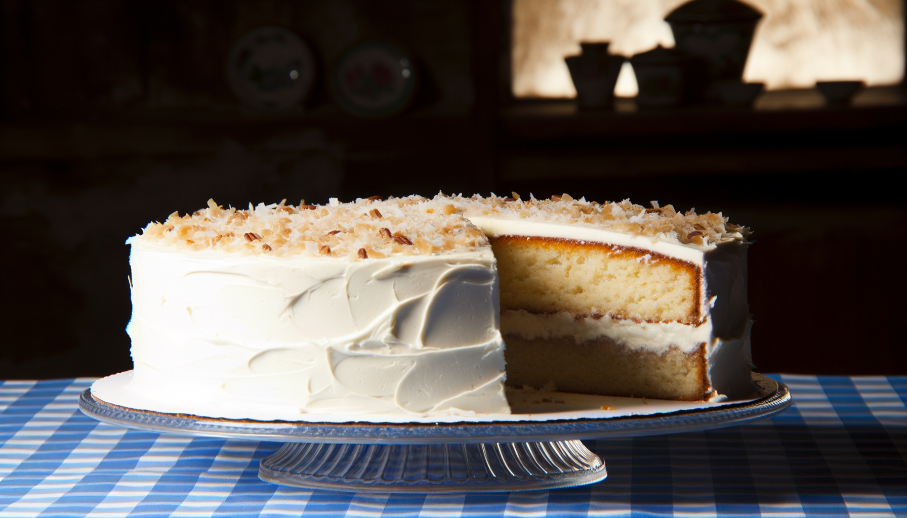 Italian Cream Cake with coconut-pecan topping on a blue checkered tablecloth, cream cheese frosting glistening in a rustic setting.