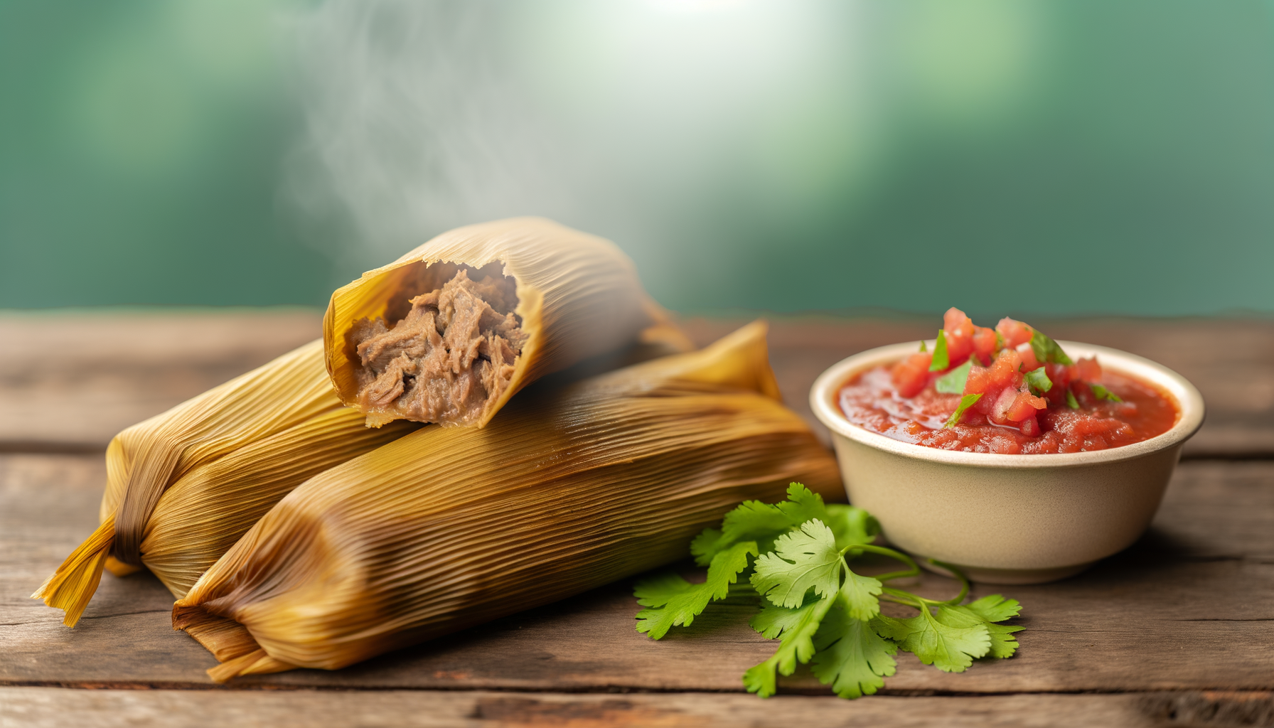 Traditional beef tamales, wrapped in corn husks, with seasoned beef peeking, on a wooden table beside homemade salsa.