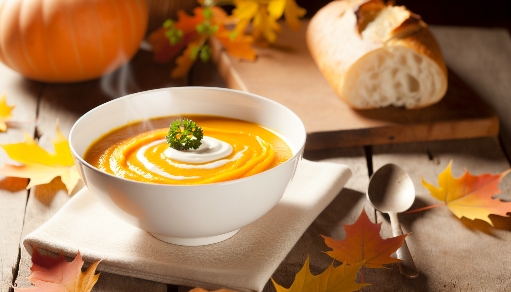 Creamy butternut squash soup on a rustic table with autumn leaves, a dollop of cream, and crusty bread.