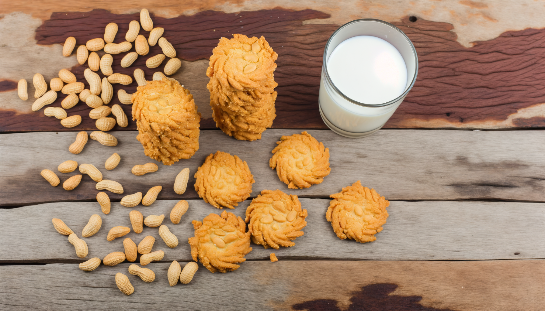 Close-up of peanut butter haystacks on a wooden table with peanuts and a glass of milk.
