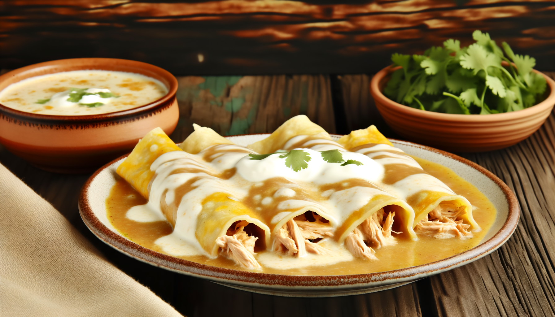 Tender shredded chicken in tortillas topped with a creamy Chicken soup and cheese, on a rustic table.