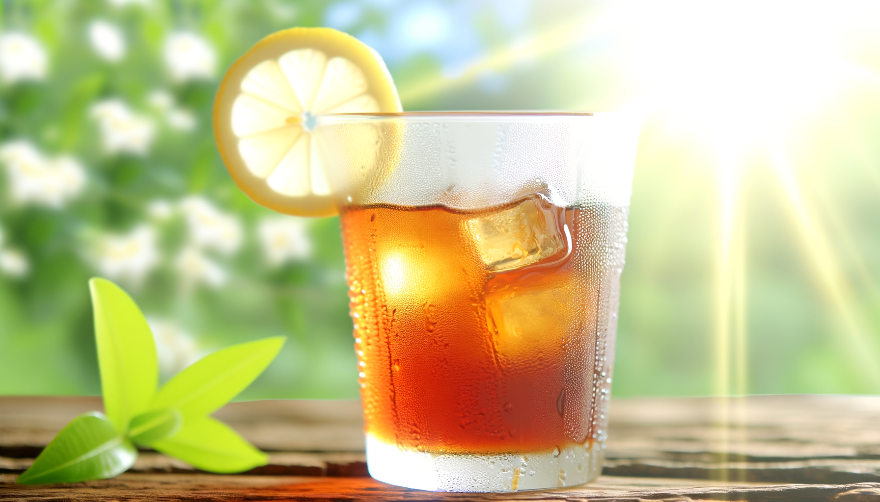 Amber sweet tea in a glass with lemon, on a wooden table against a backdrop of sunlit leaves.