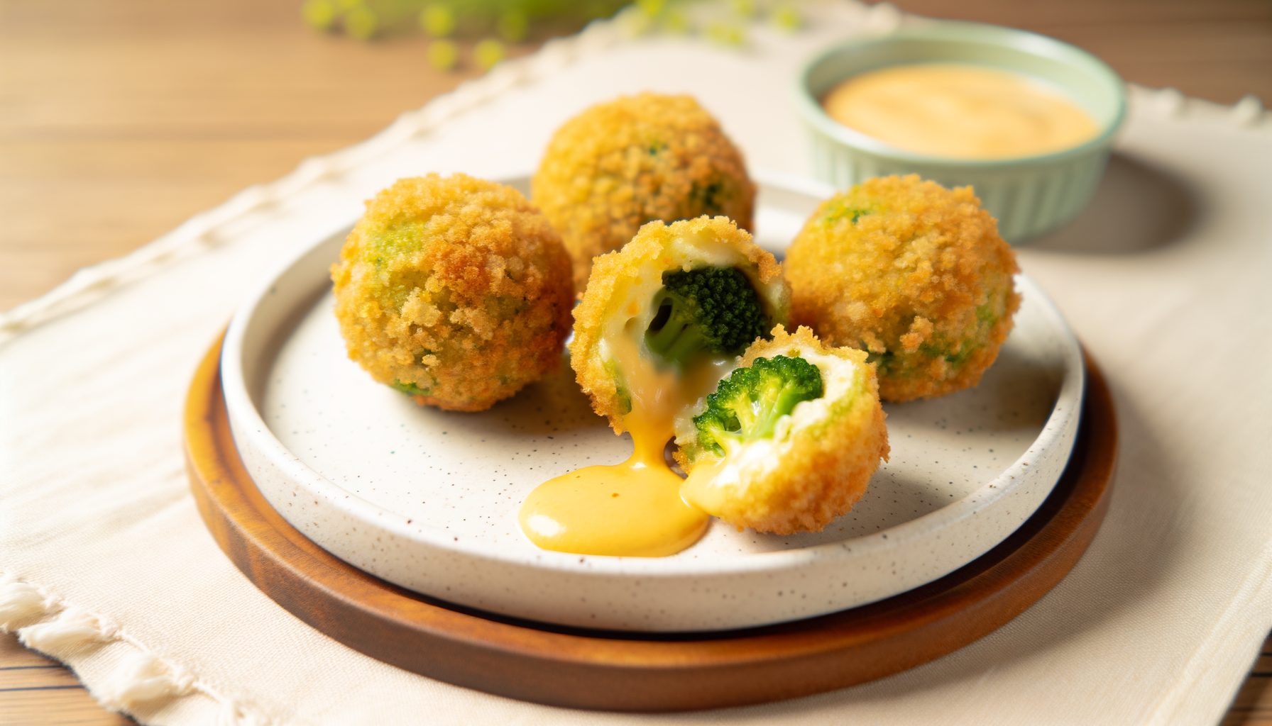 Golden-brown broccoli cheese balls on a white platter with dipping sauce and rustic table setting.