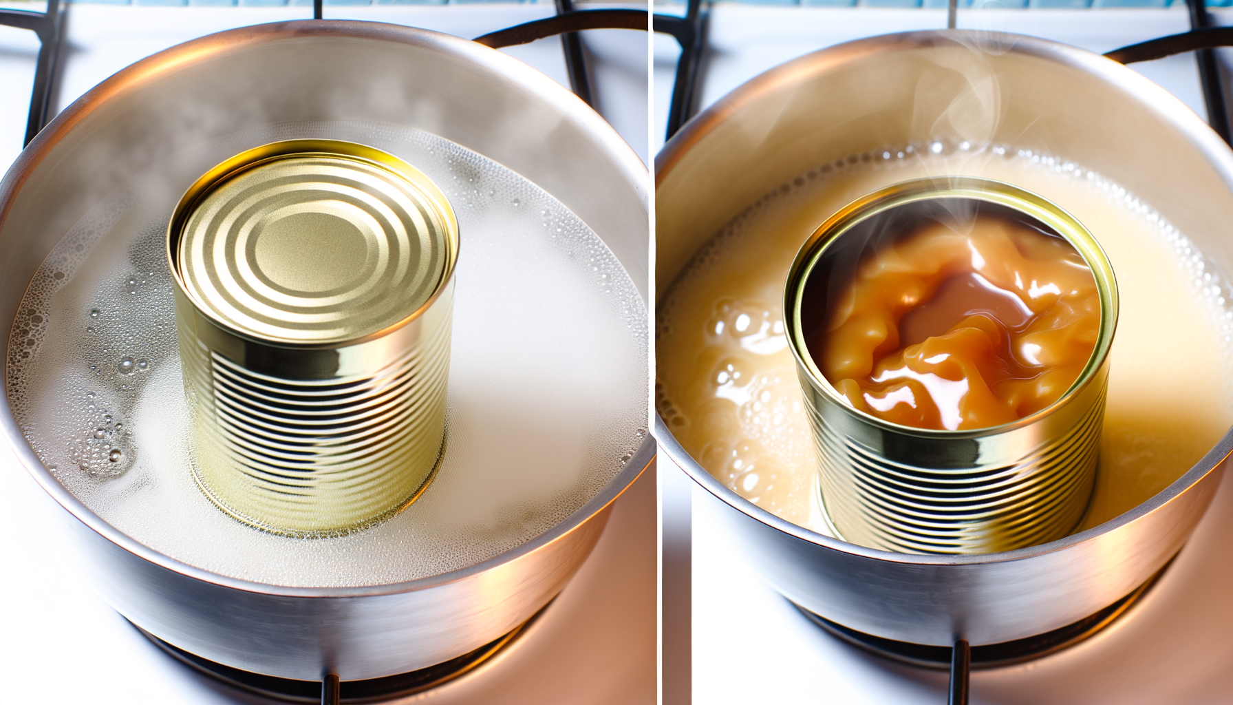 Realistic depiction of a can submerged in a pot of water on a stove and an open can filled with creamy caramel Dulce de Leche.