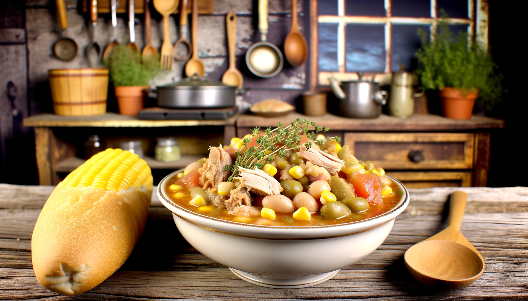 Hearty traditional Brunswick Stew with chicken, pork, beans, corn, and tomatoes in a porcelain bowl on a rustic wooden table.