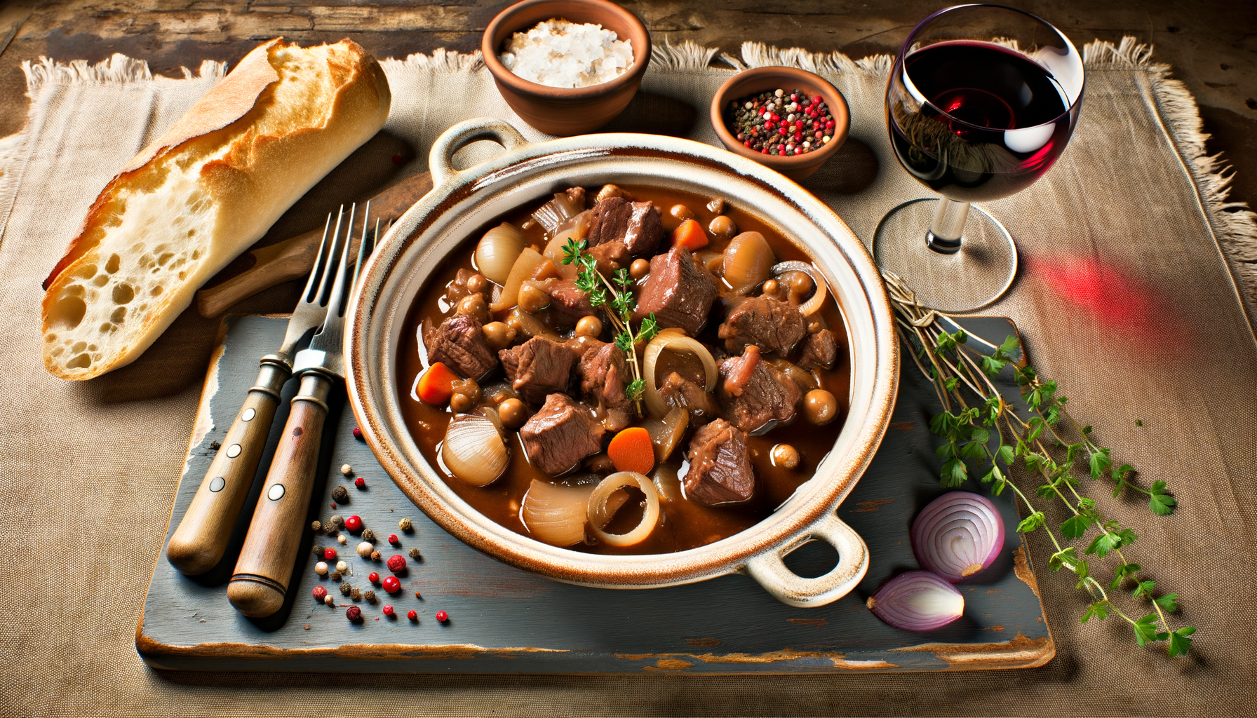 Tender beef Bourguignon in a rich wine sauce with carrots, onions, and mushrooms, served beside red wine and a baguette on a rustic table.