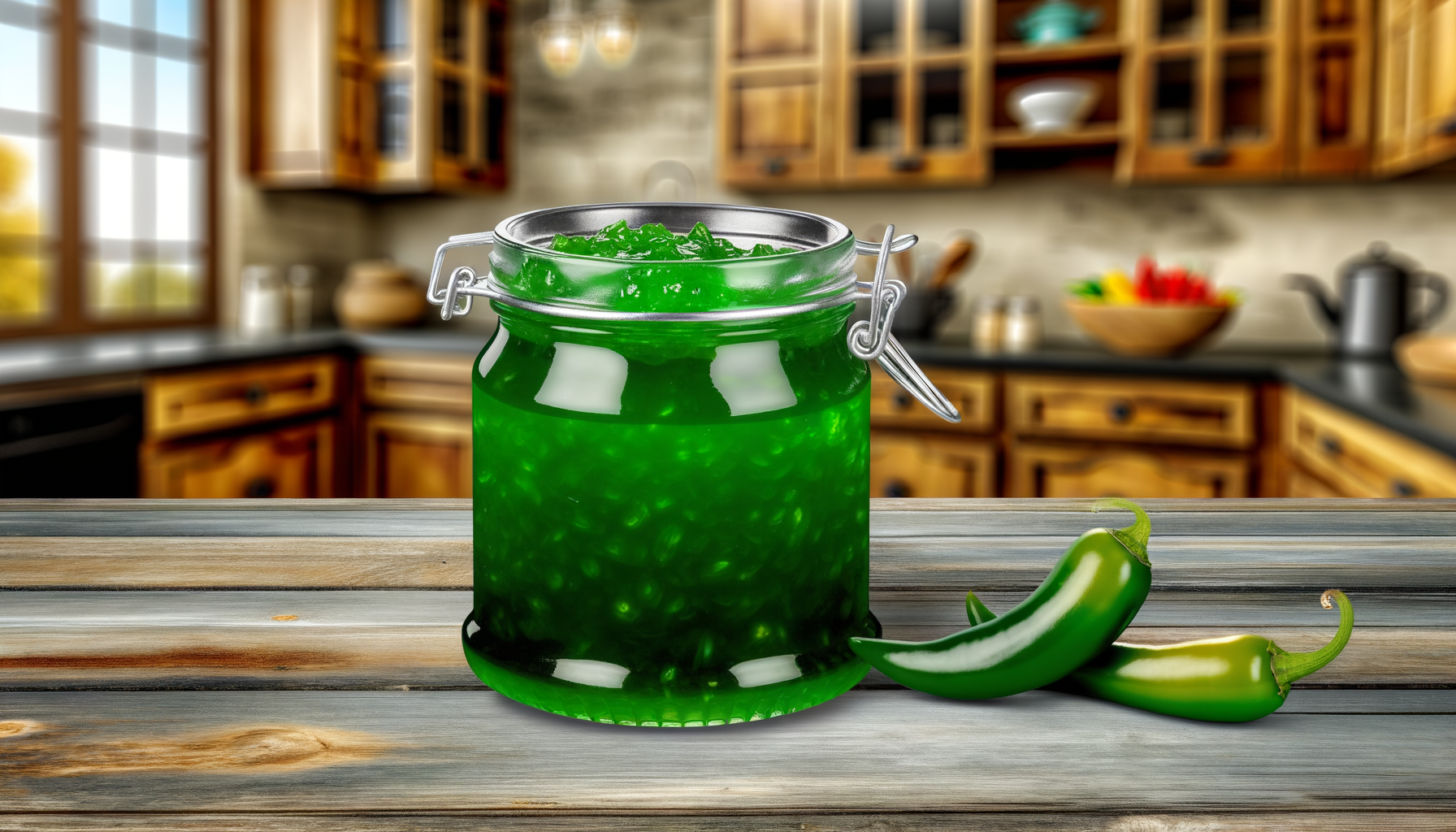 Texas Jalapeno Jelly in a clear jar on a wooden table with fresh jalapenos around, in a warm kitchen setting.