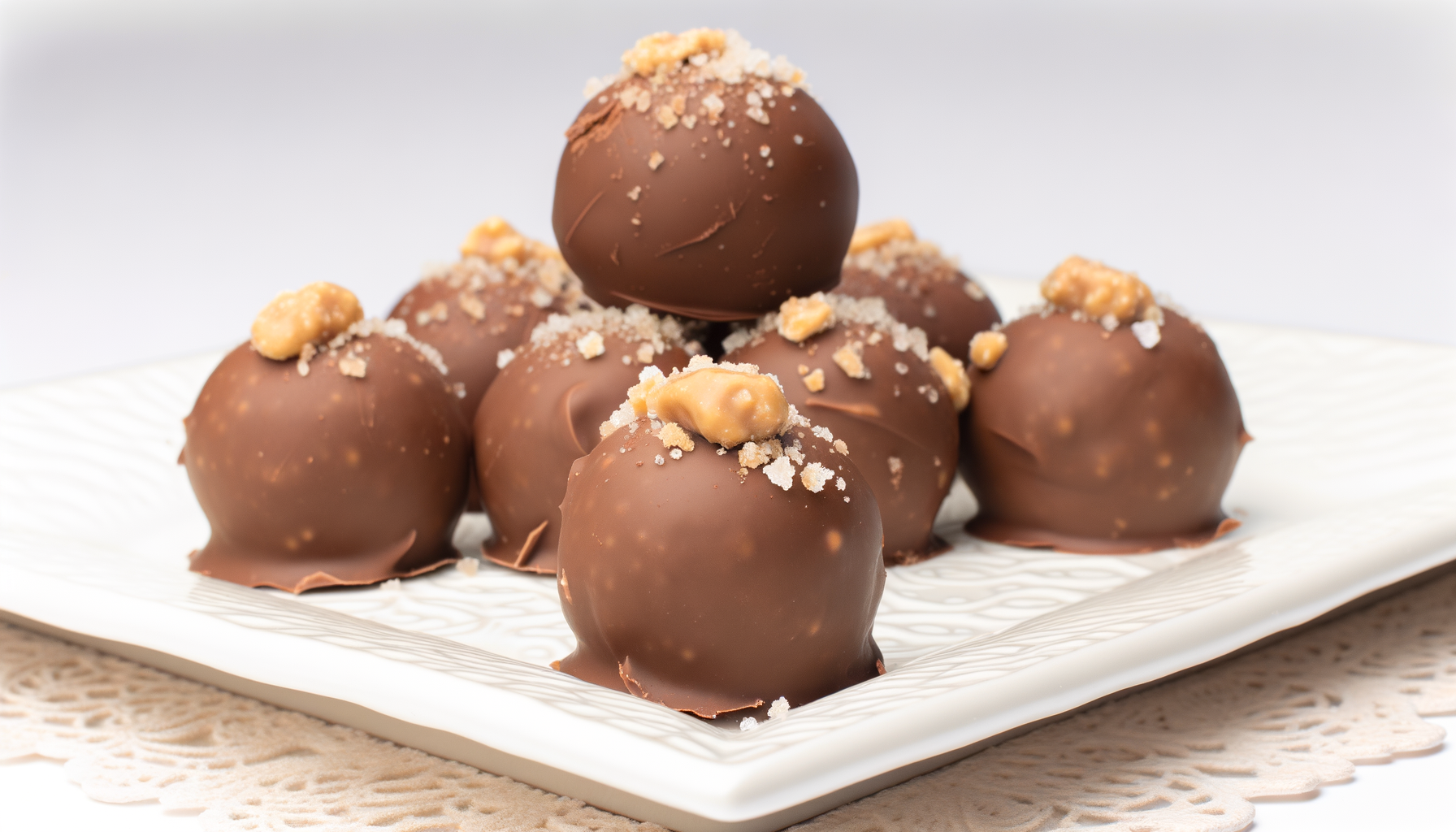 Perfectly round peanut butter balls with chocolate coating and peanut sprinkle on a white lace-patterned platter.