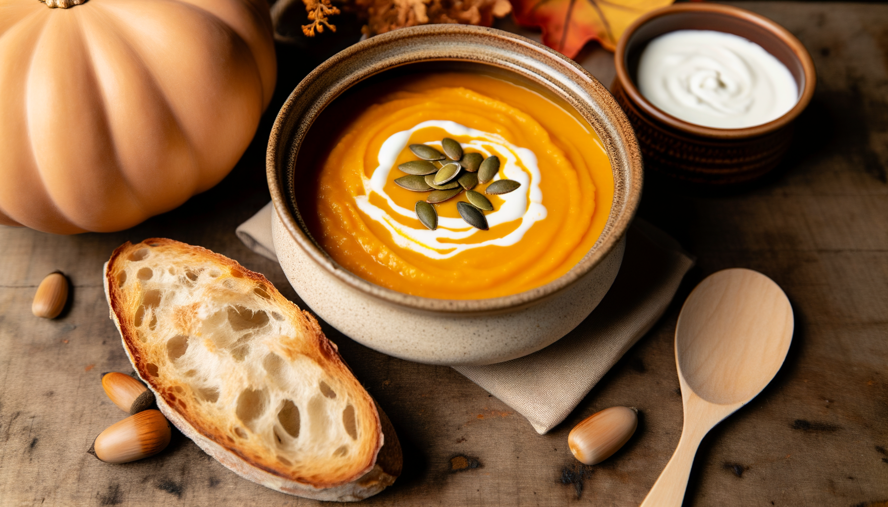 Creamy vegan butternut squash soup in rustic bowl garnished with coconut cream and pumpkin seeds, accompanied by crusty bread on a decorated wooden table.