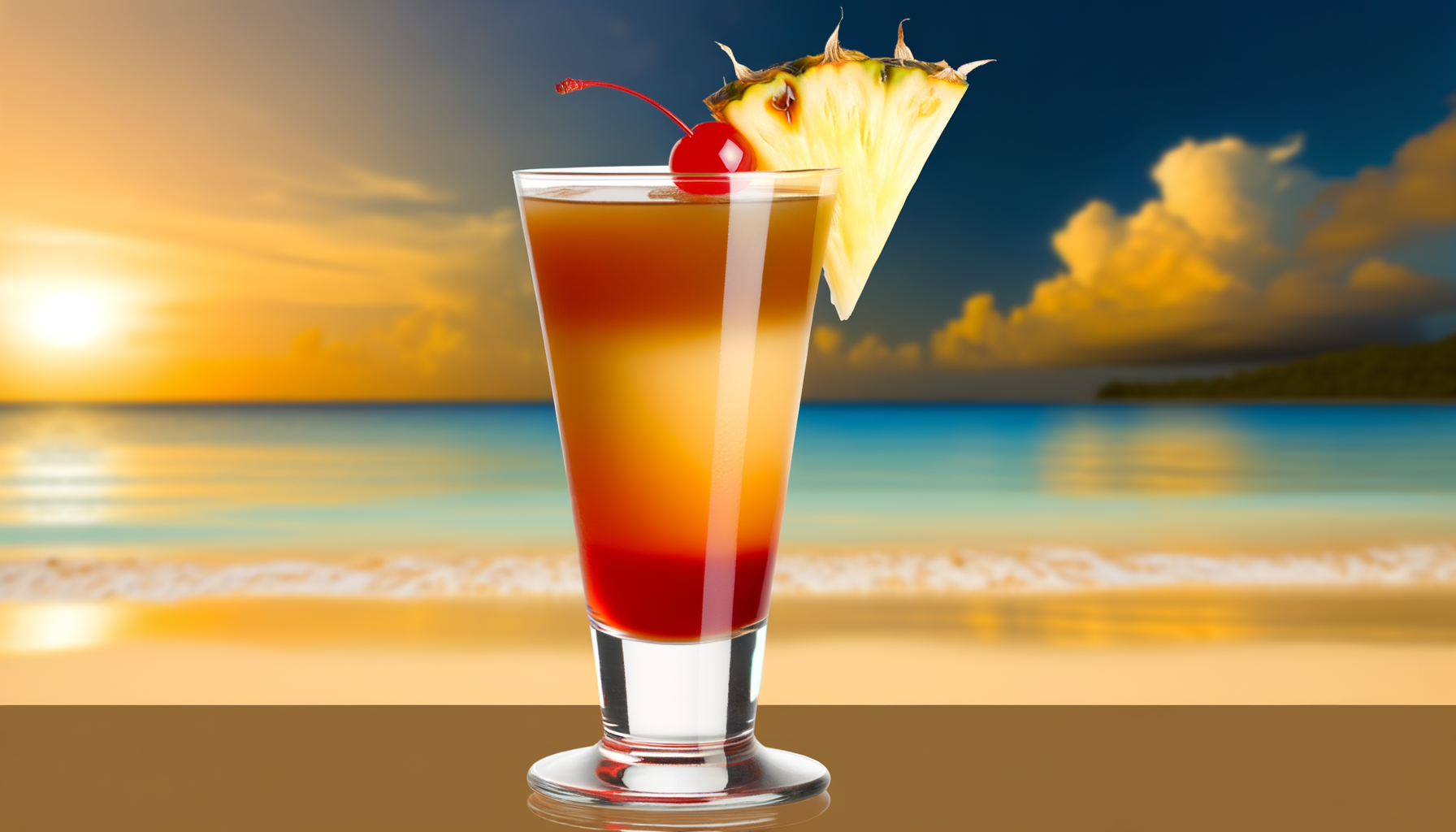 Rich amber, orange, and creamy layers in a Bahama Mama cocktail garnished with pineapple and cherry against a sunset beach backdrop.