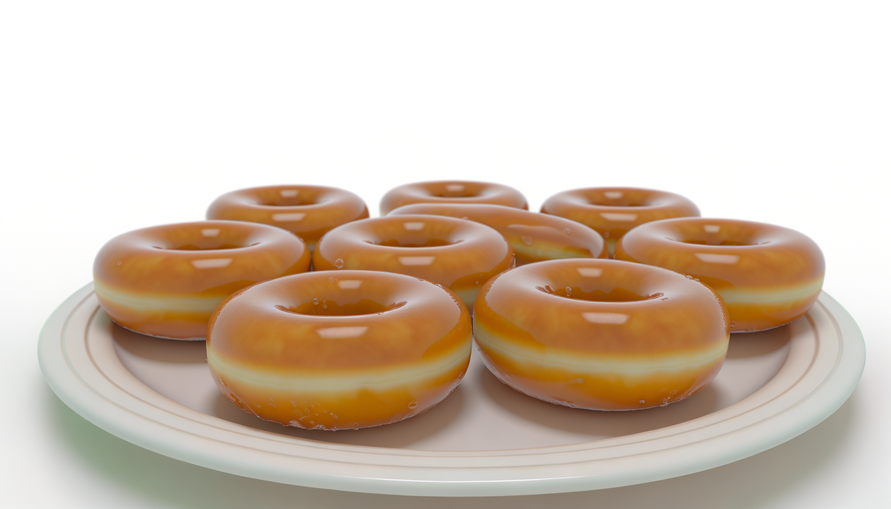 Realistic image of homemade Krispy Kreme doughnuts, freshly glazed on a white plate.