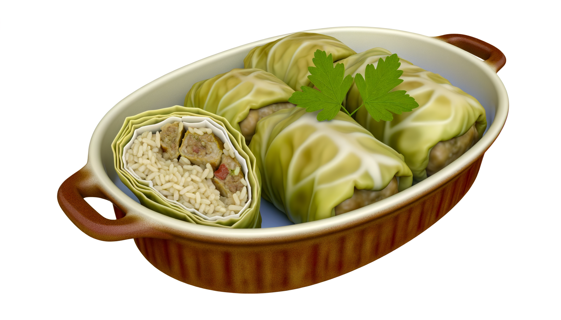 A baked dish of stuffed cabbage rolls with the filling of meat and rice visible, garnished with fresh parsley