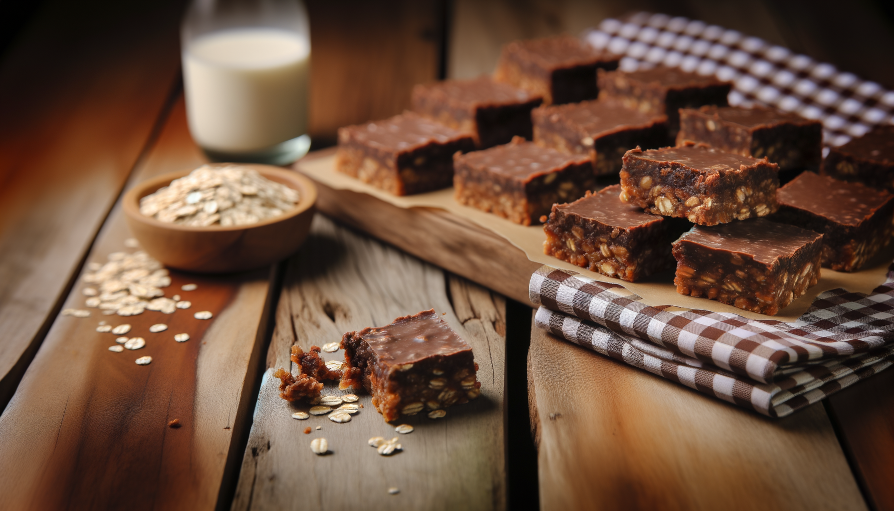 Rustic scene of no bake chocolate oat bars on a wooden table with milk and checkered napkin.