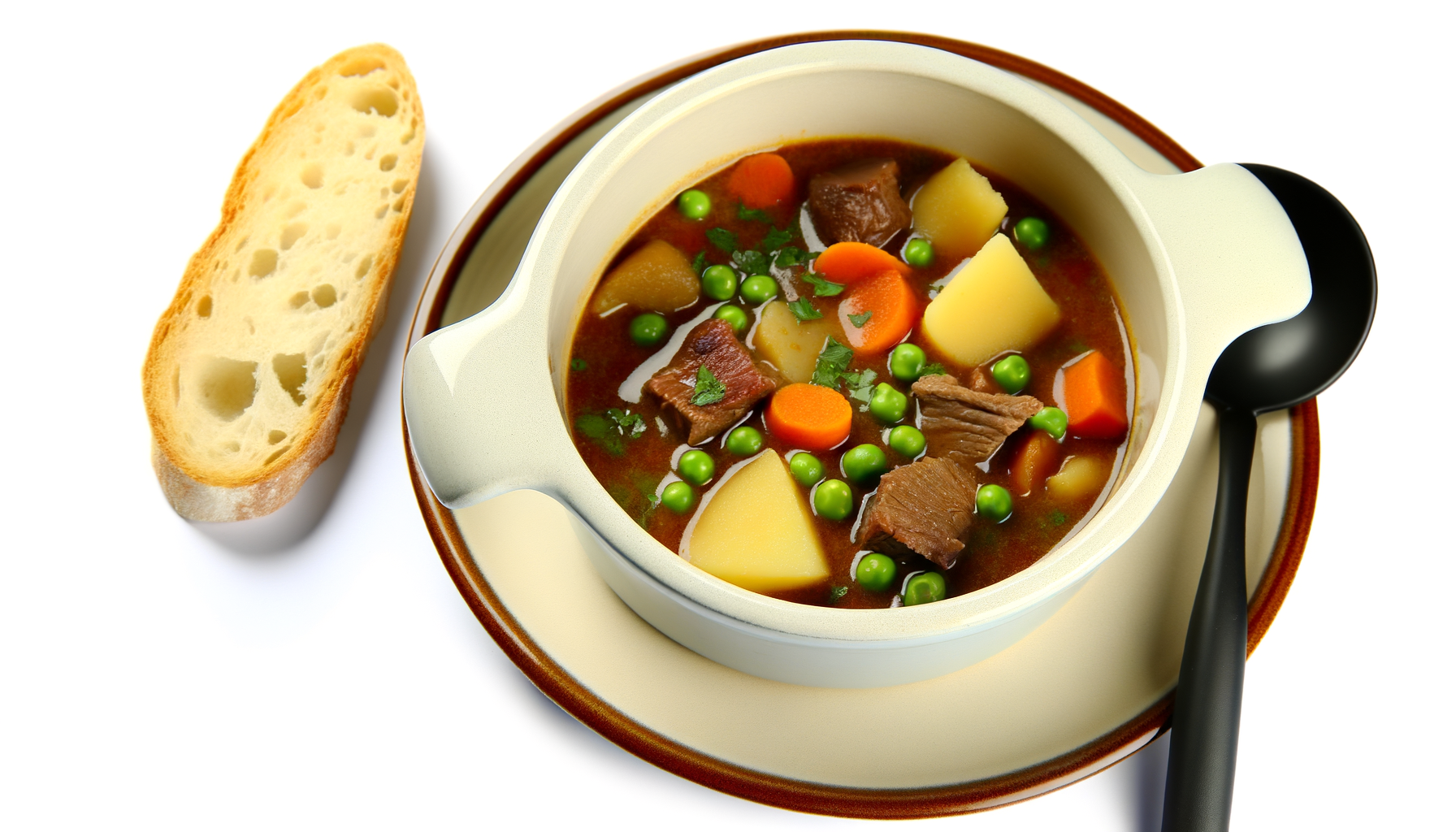 Heartwarming bowl of classic beef stew with chunks of beef, baby potatoes, carrots, peas, fresh herbs, and crusty bread on the side.