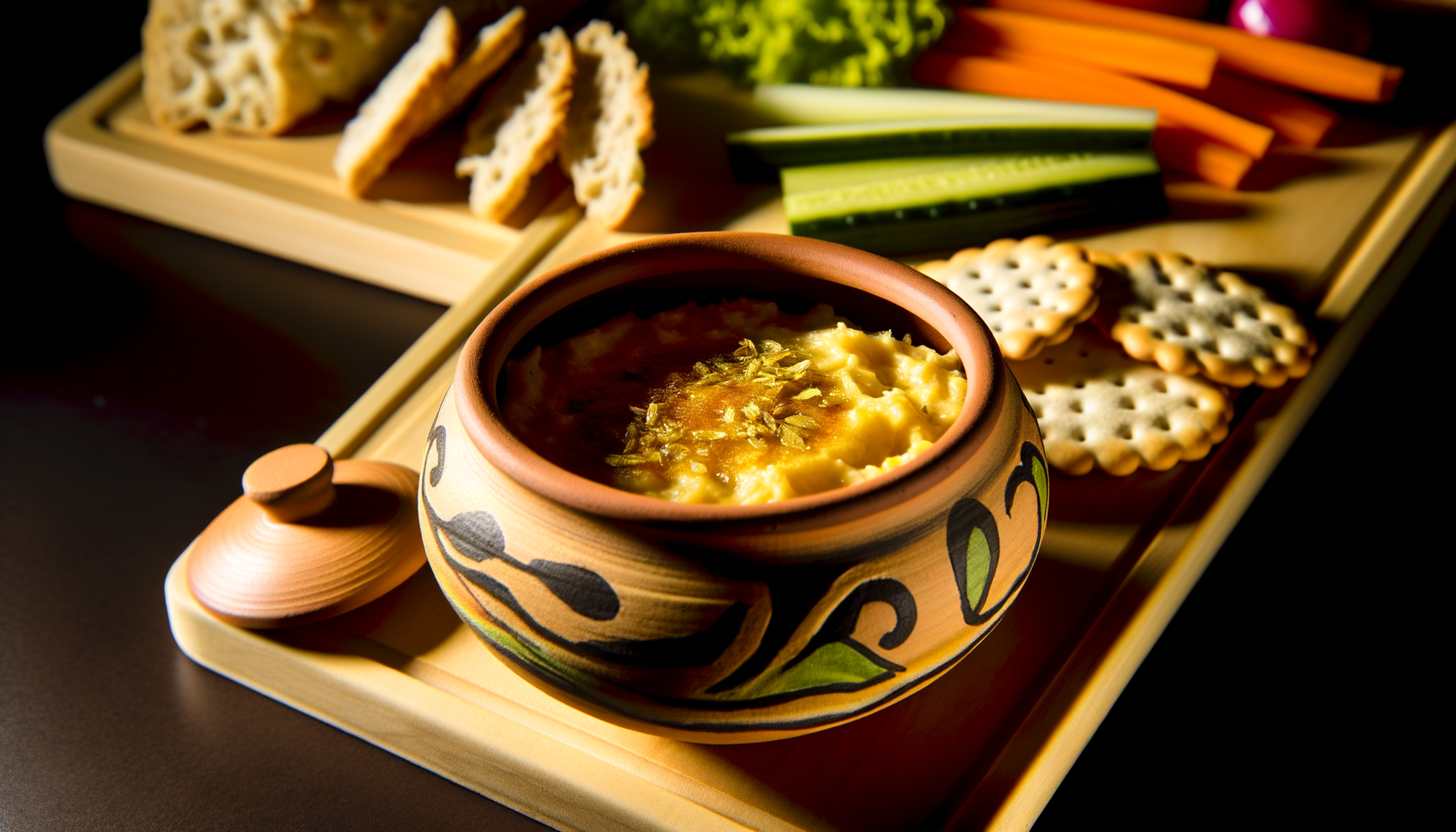 Elegant earthenware bowl filled with golden, creamy cheese dip, surrounded by bread, crackers, and veggies, on a wooden tray.