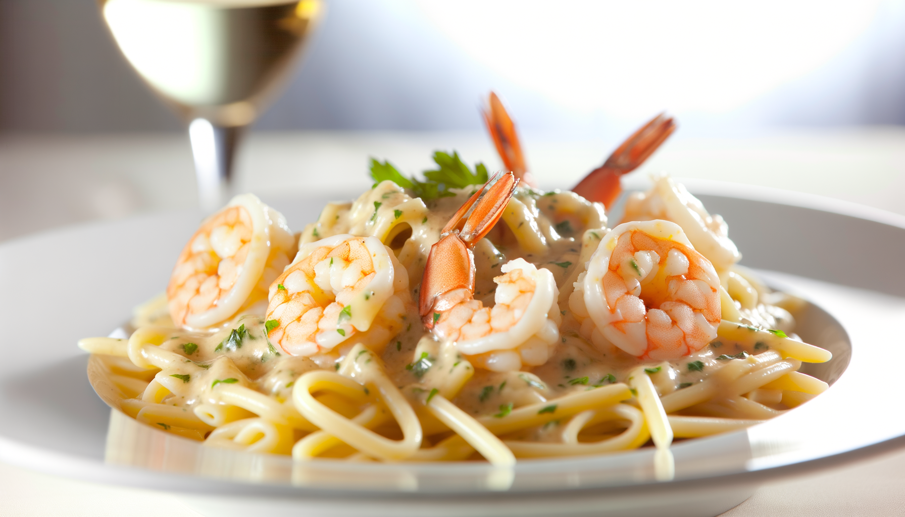 Shrimp scampi served on a bed of linguine, with succulent shrimp drenched in a garlic butter sauce, all highlighted with fresh parsley.