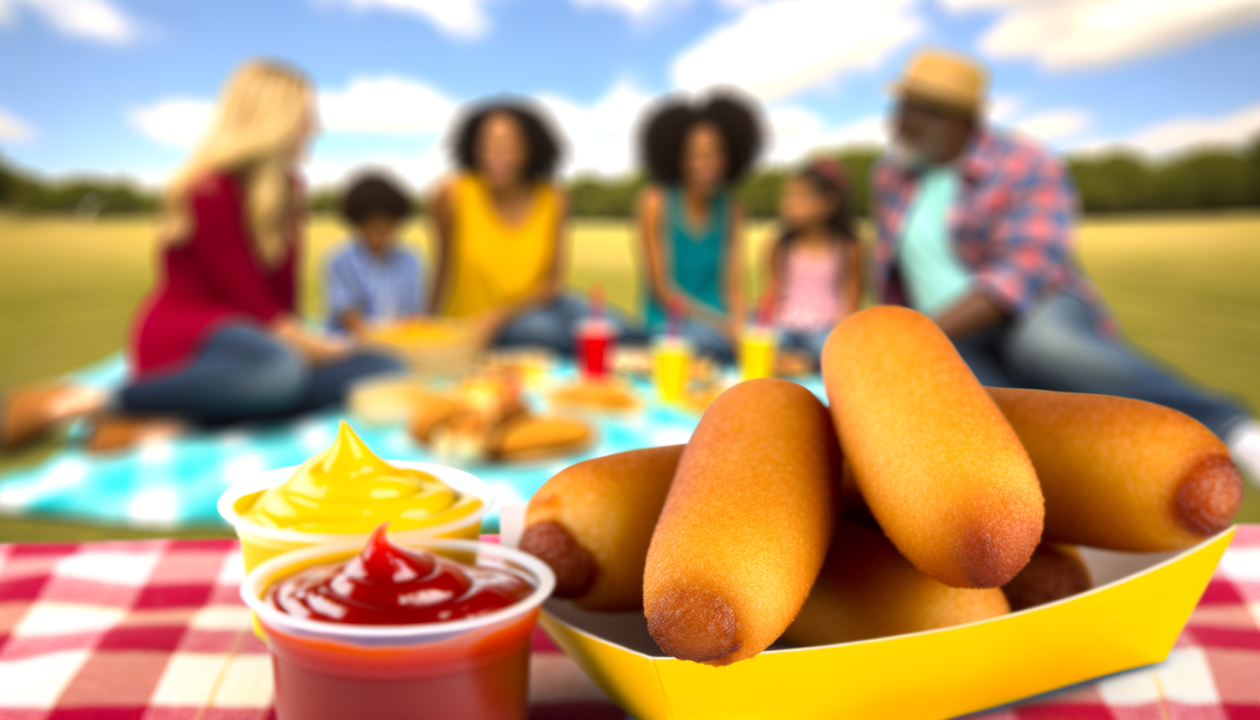 Golden-brown corn dogs with mustard and ketchup on the side at a family picnic