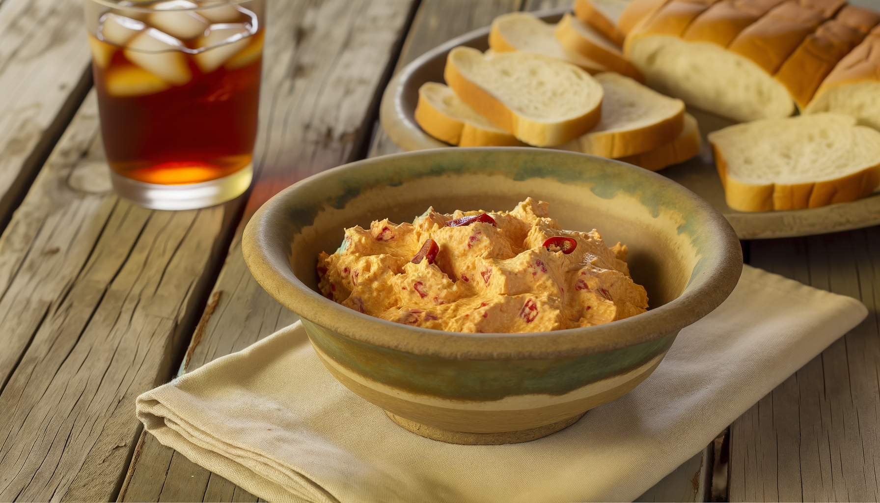 Rustic bowl of vibrant Southern Pimento Cheese with bread slices, on a wooden table with iced tea adding Southern charm.