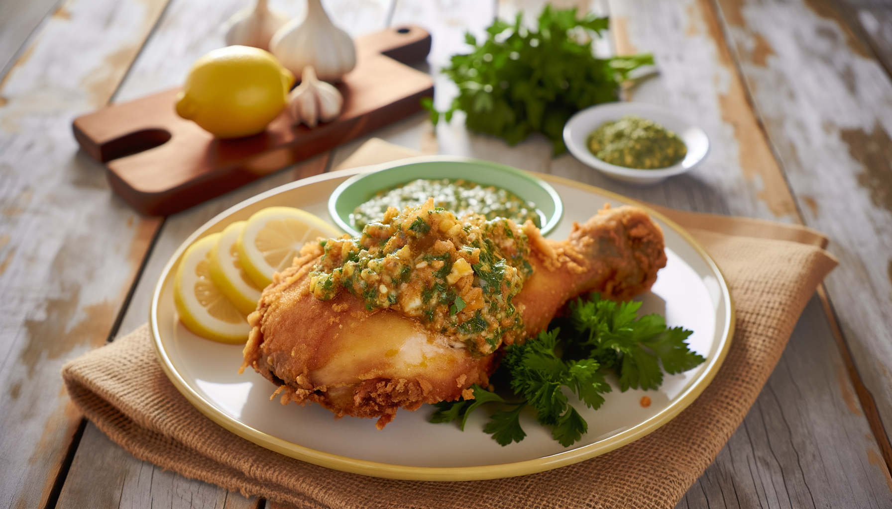 Crispy golden-brown garlic chicken topped with fresh herbs, garnished with lemon wedges and parsley on a wooden table.