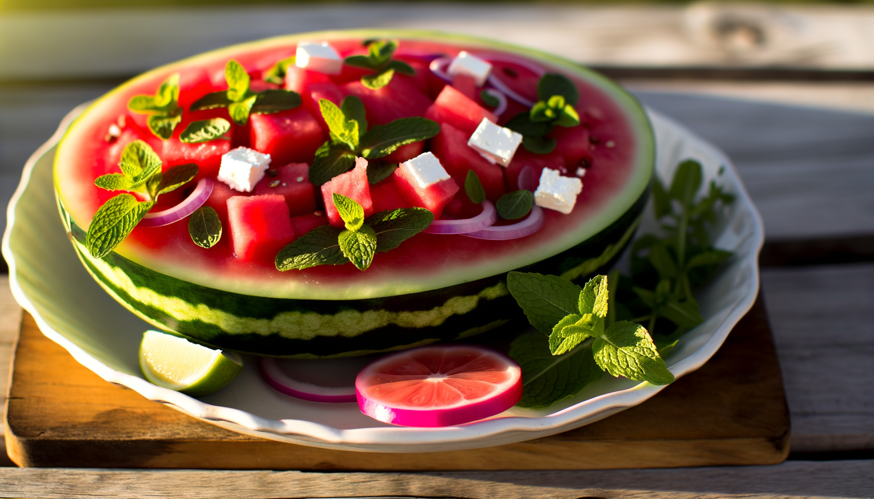 Ripe watermelon cubes with feta and mint on a white platter, backdropped by a rustic wooden table in golden sunlight.