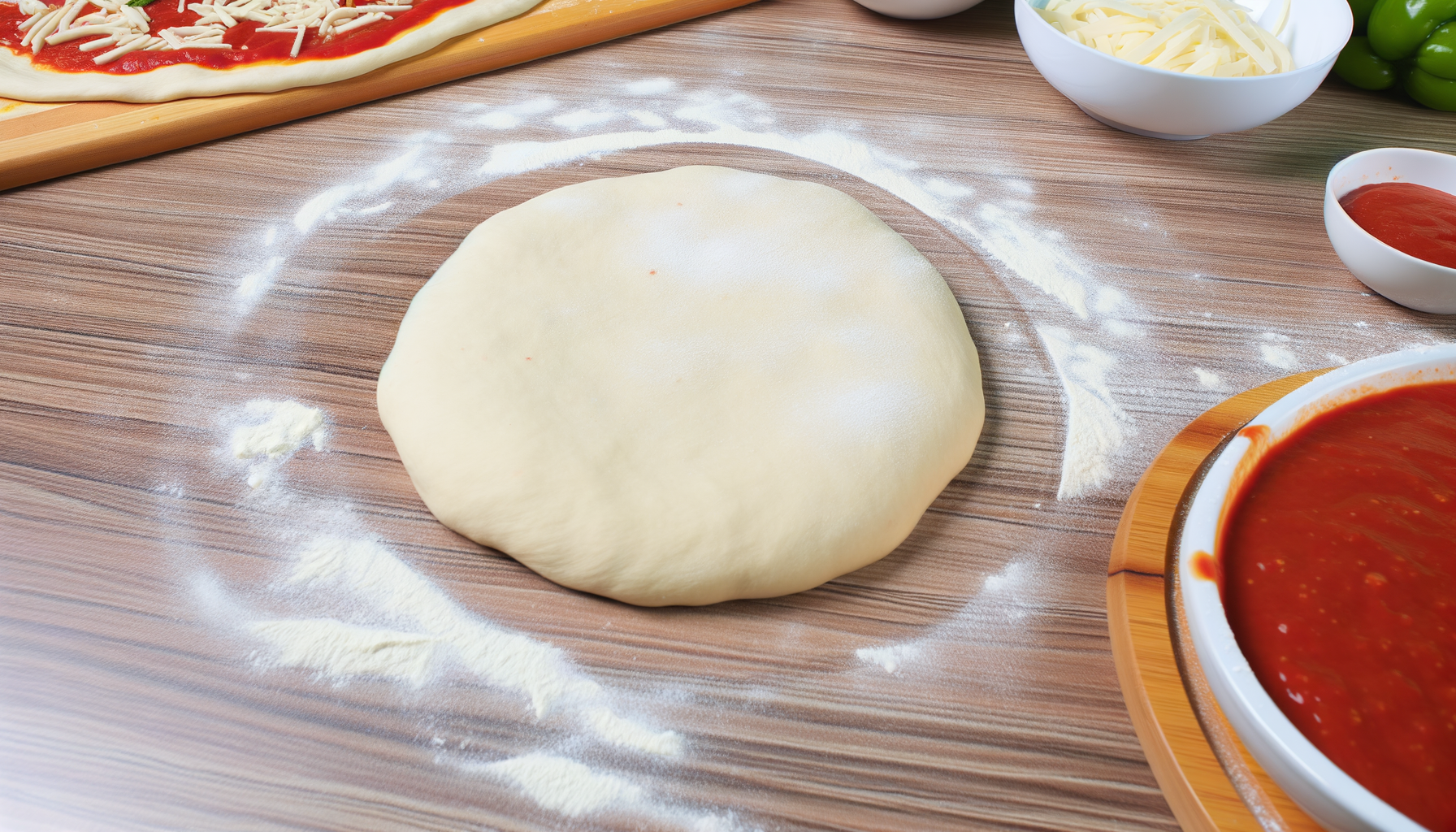 Handmade thin-crust pizza dough on a wooden counter with flour, marinara sauce, cheese, and toppings around.