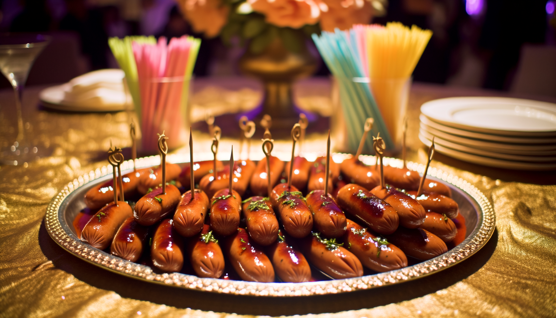 Glossy cocktail wieners garnished with herbs on an elegant platter convey a luxurious, appetizing party atmosphere.