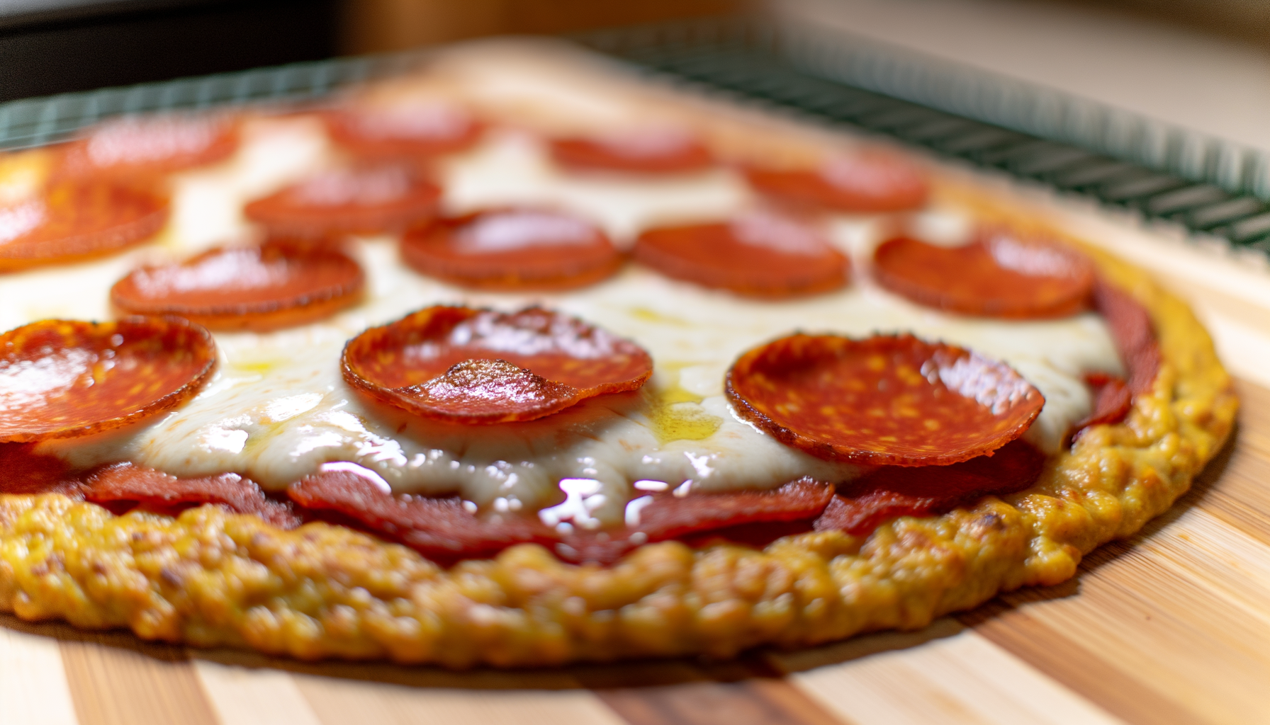Fresh Keto-friendly pepperoni pizza on a wooden board, with a thick, golden Fathead crust and molten mozzarella.