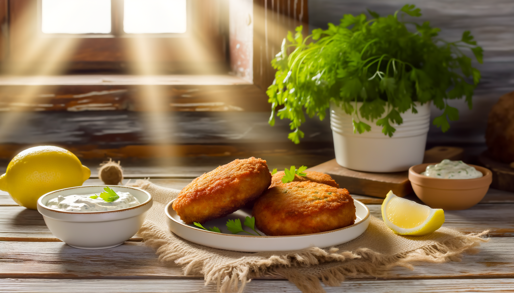 Cozy kitchen table scene with golden-brown southern fried salmon patties, tartar sauce, lemon wedge, and parsley garnish.