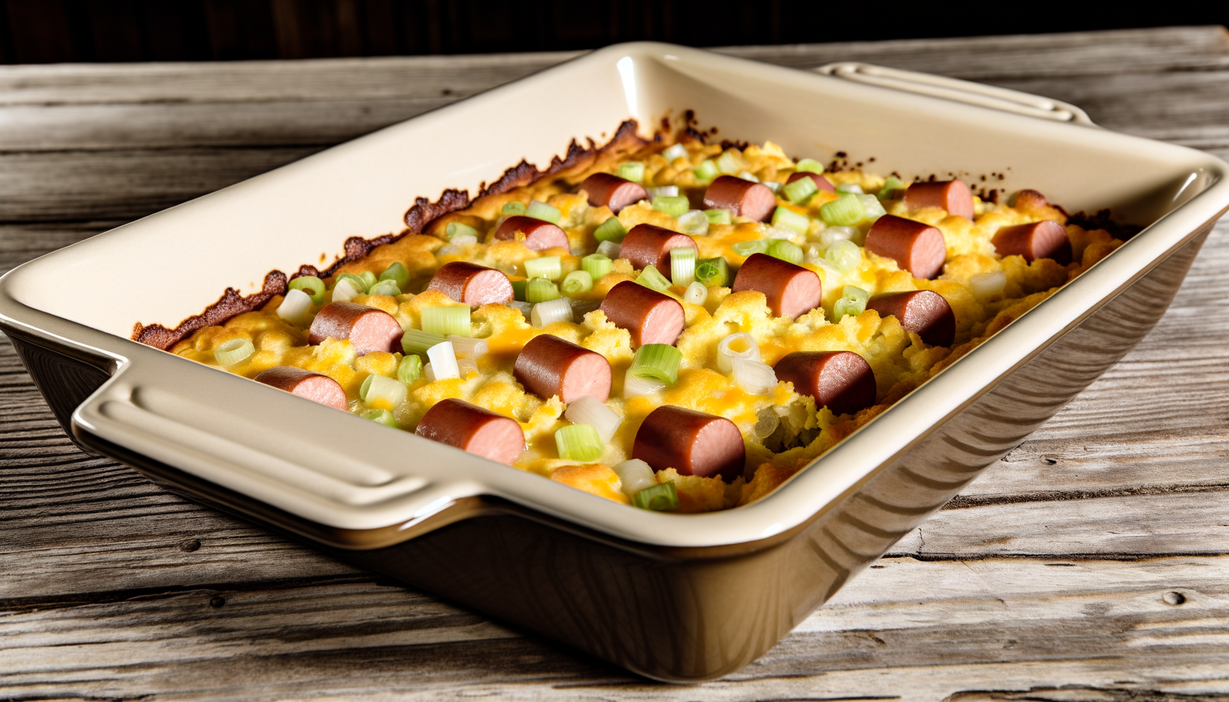 Corn Dog Casserole with melting cheddar cheese on top, displayed in a casserole dish on a wooden table