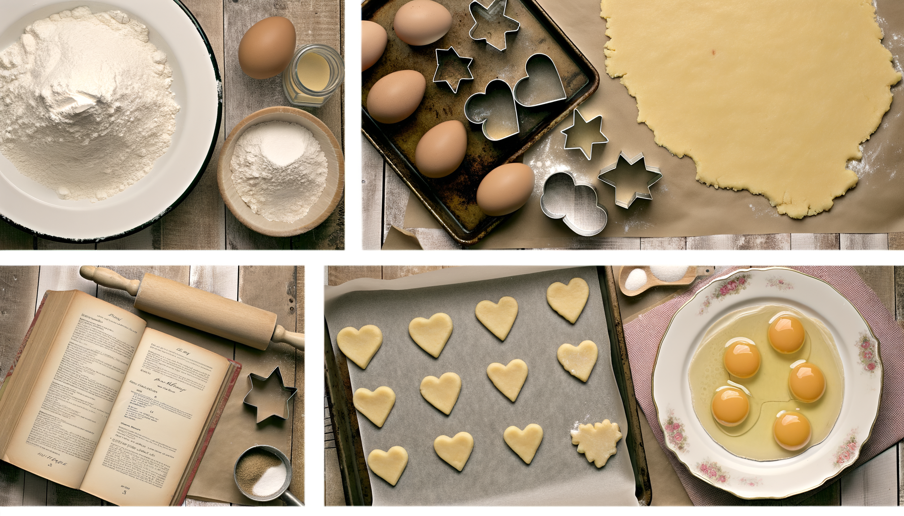 Vintage wooden table with ingredients for sugar cookies, rolled dough with heart and star shapes, unbaked cookies on tray, plate of baked cookies, and recipe book.