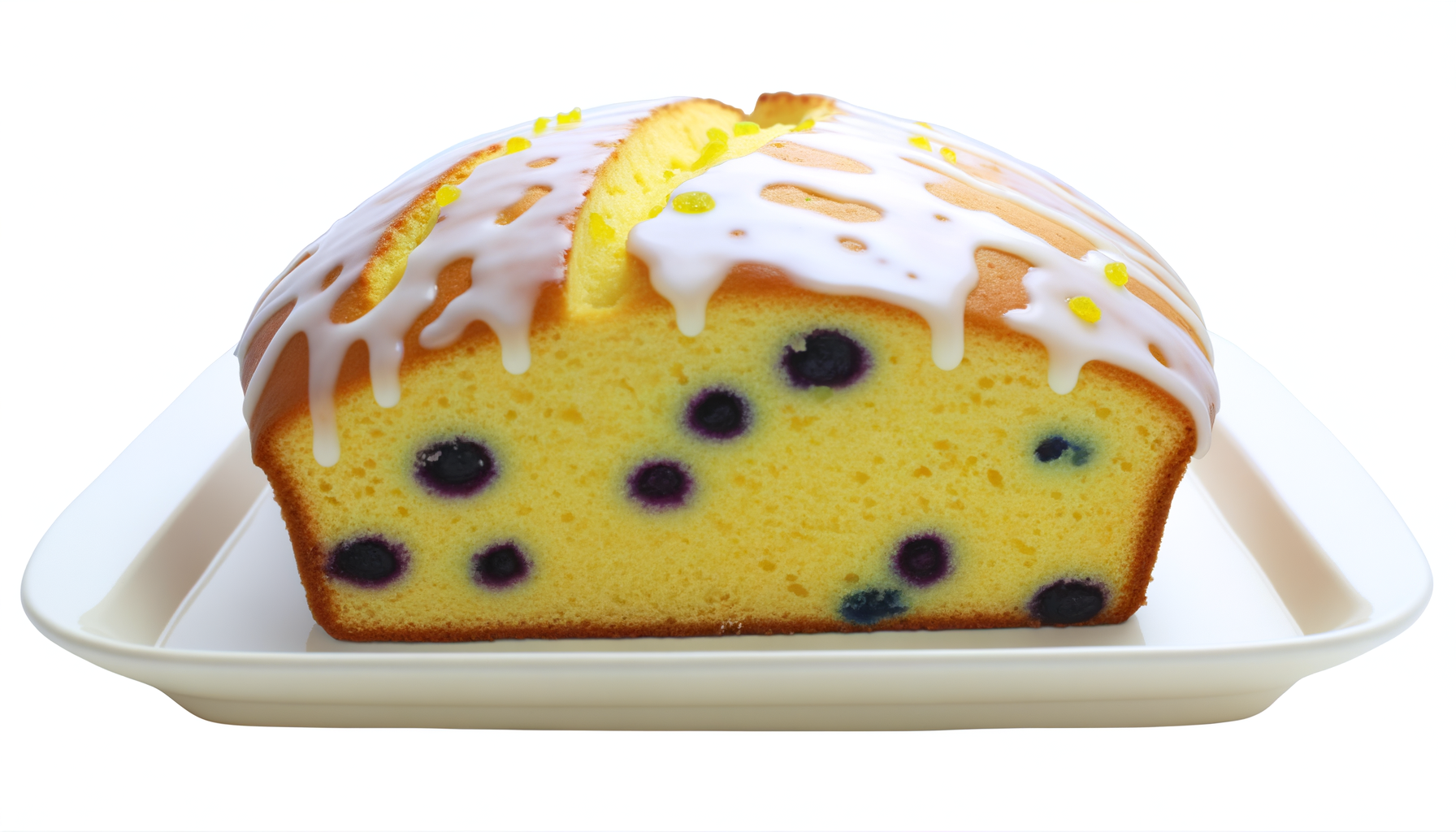 Bright lemon blueberry bread with a glossy glaze, bursting with berries and lemon zest, presented on white ceramic.