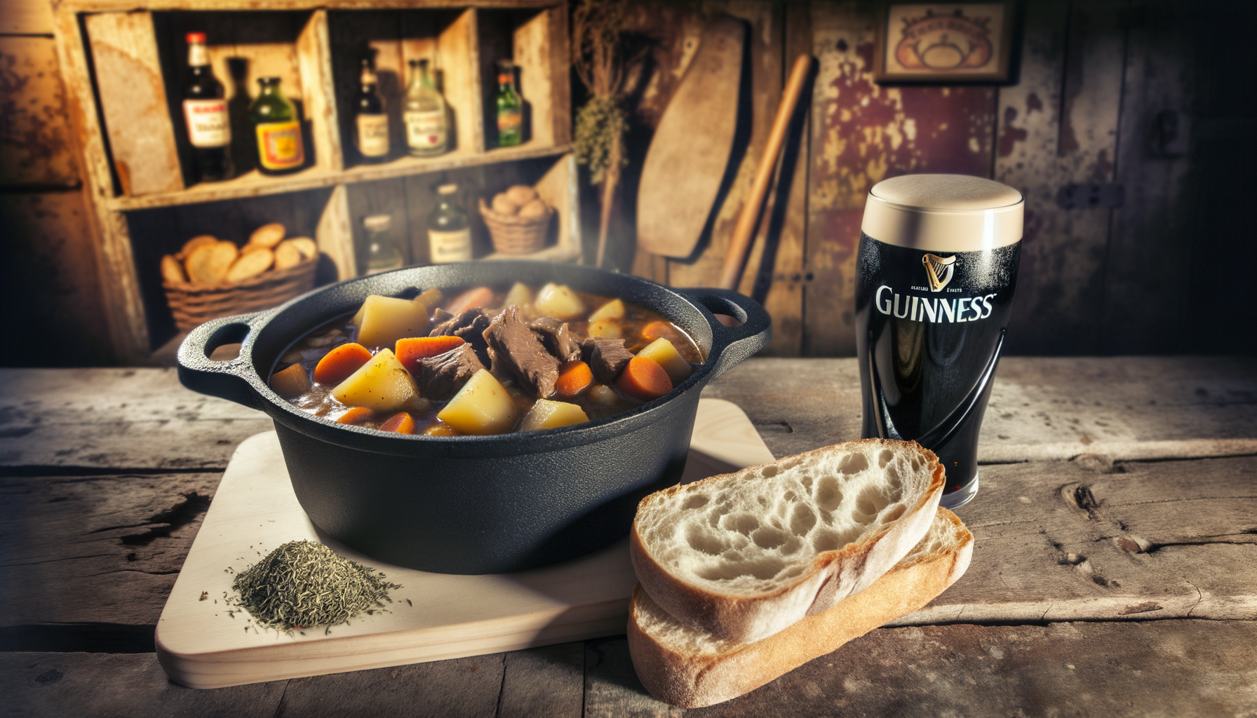 Traditional Irish Beef and Guinness Stew in cast-iron pot, with vegetables and a pint of Guinness, in a rustic kitchen.