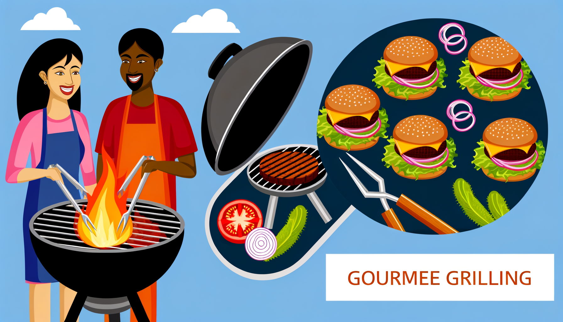 Mouth-watering gourmet burgers with melting cheese on a grill, side garnishes ready, diverse friends engaging in grilling fun.