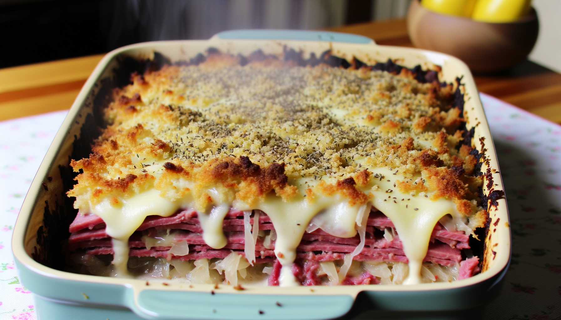 Steamy Reuben casserole with crispy rye top, layers of corned beef, sauerkraut, melted Swiss cheese, and creamy Russian dressing.