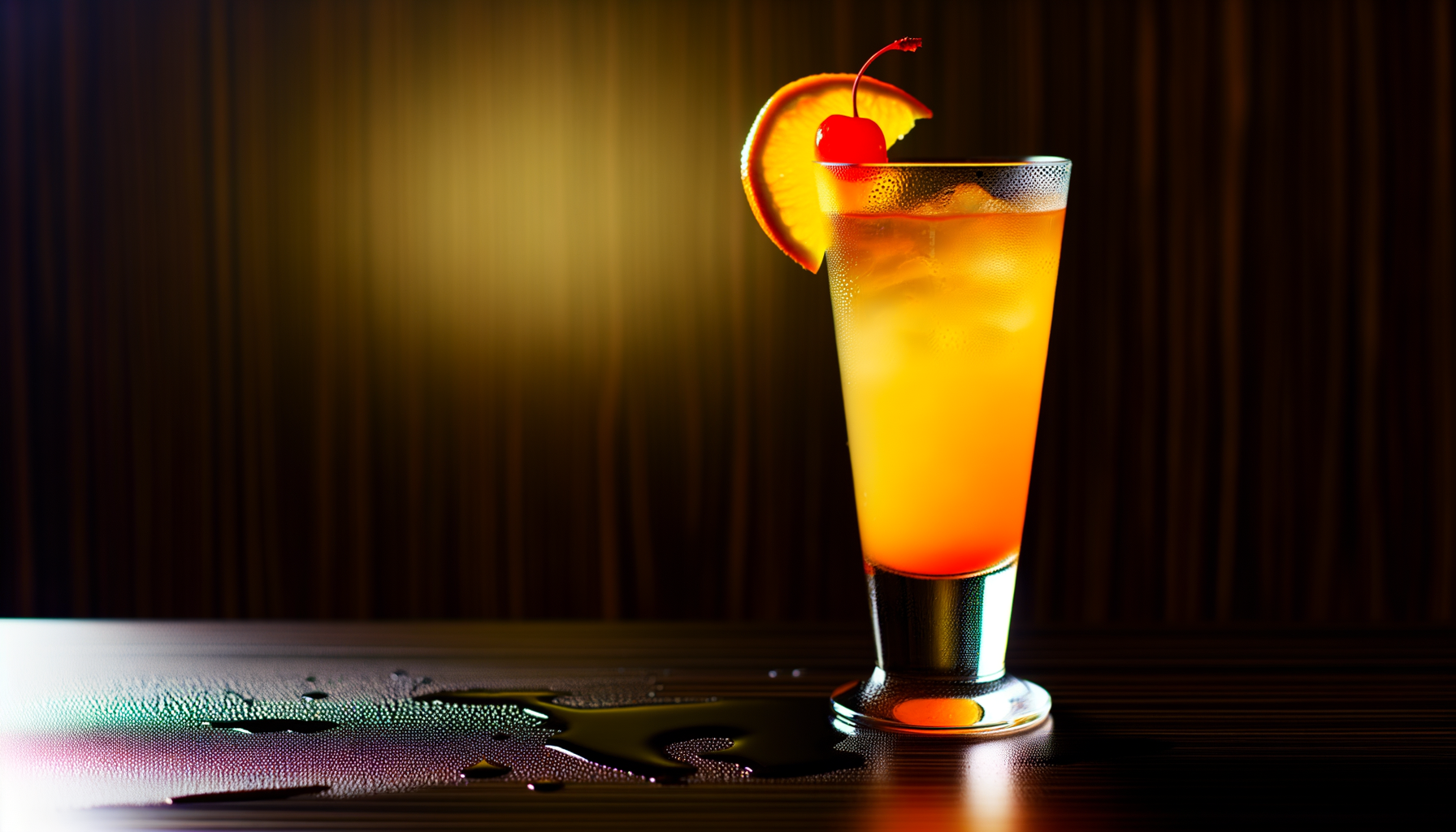 Refreshing fuzzy navel cocktail with peach schnapps and orange juice, garnished with a slice of orange, on a dark counter.